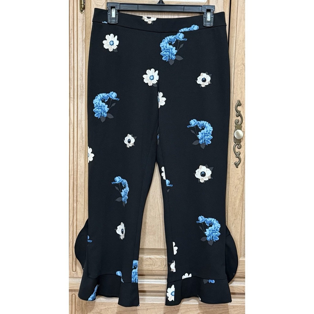 ALFANI Floral Ankle Pants Women's Size 4 Black Stretch Ruffle Hem Pull On Summer